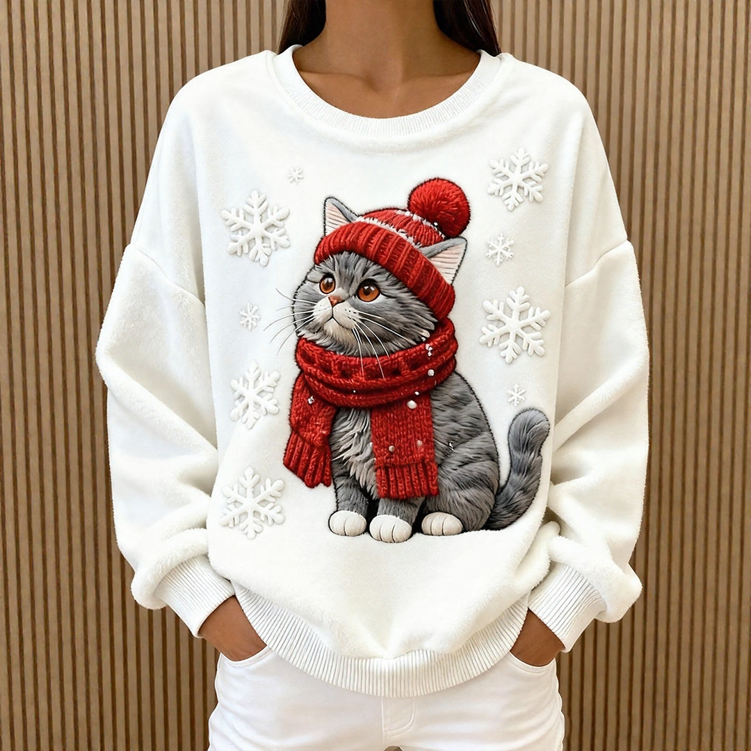 Karácsonyi macskás művészi nyomtatású, laza kapucnis pulóver női számára