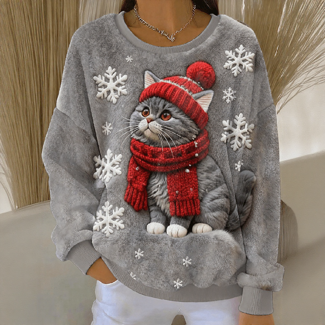 Karácsonyi macskás művészi nyomtatású, laza kapucnis pulóver női számára